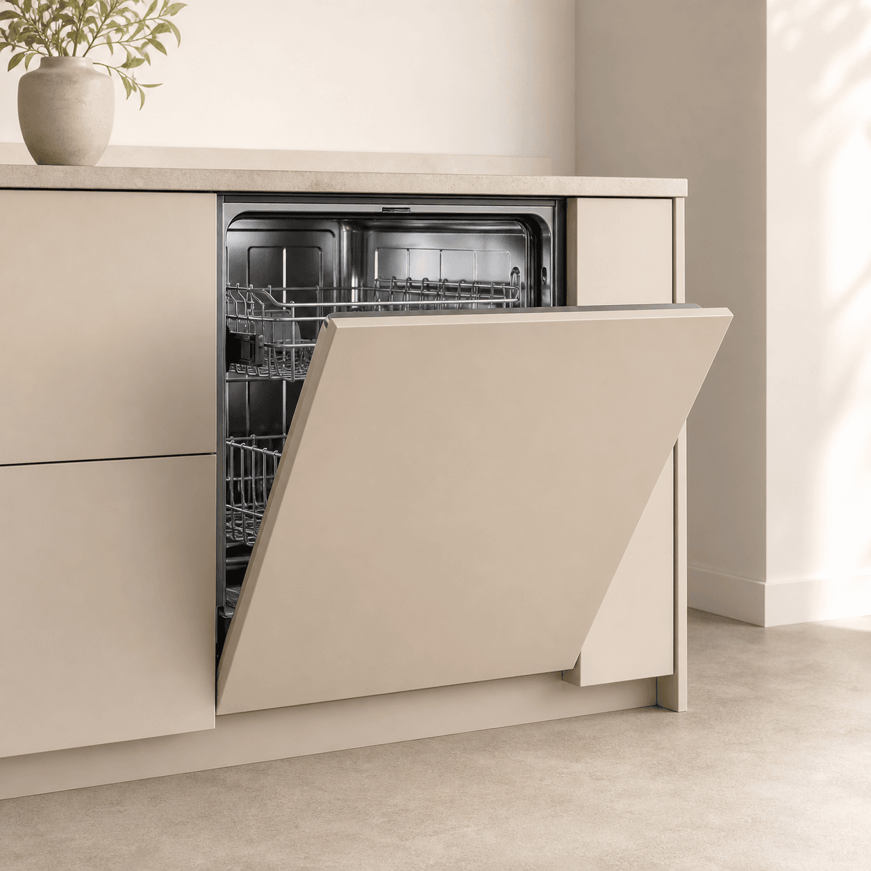 Editorial illustration of an integrated dishwasher in a neutral kitchen