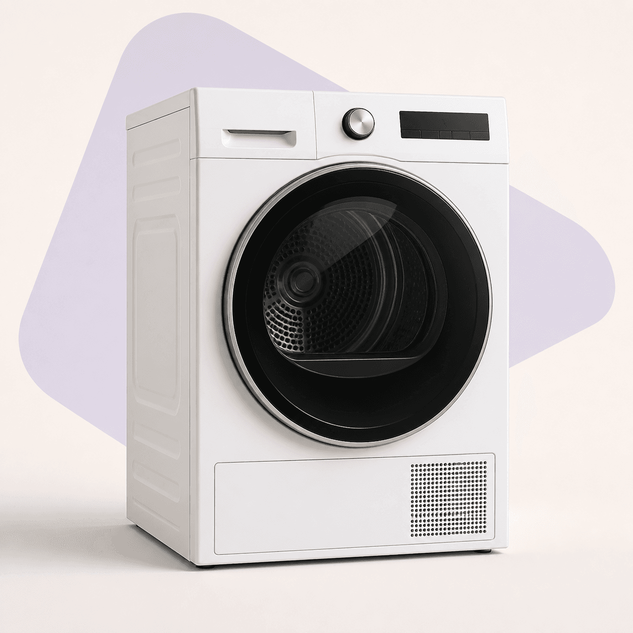 Editorial illustration of a white heat-pump tumble dryer