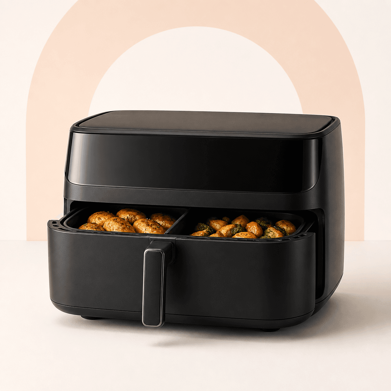 Editorial illustration of a black wide-drawer air fryer
