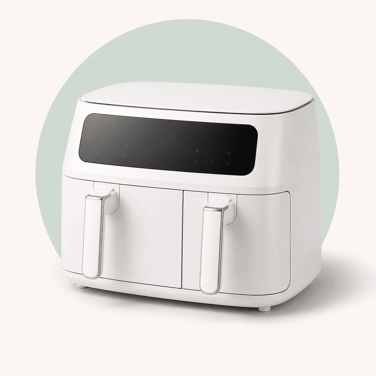 Editorial illustration of a white dual-basket air fryer