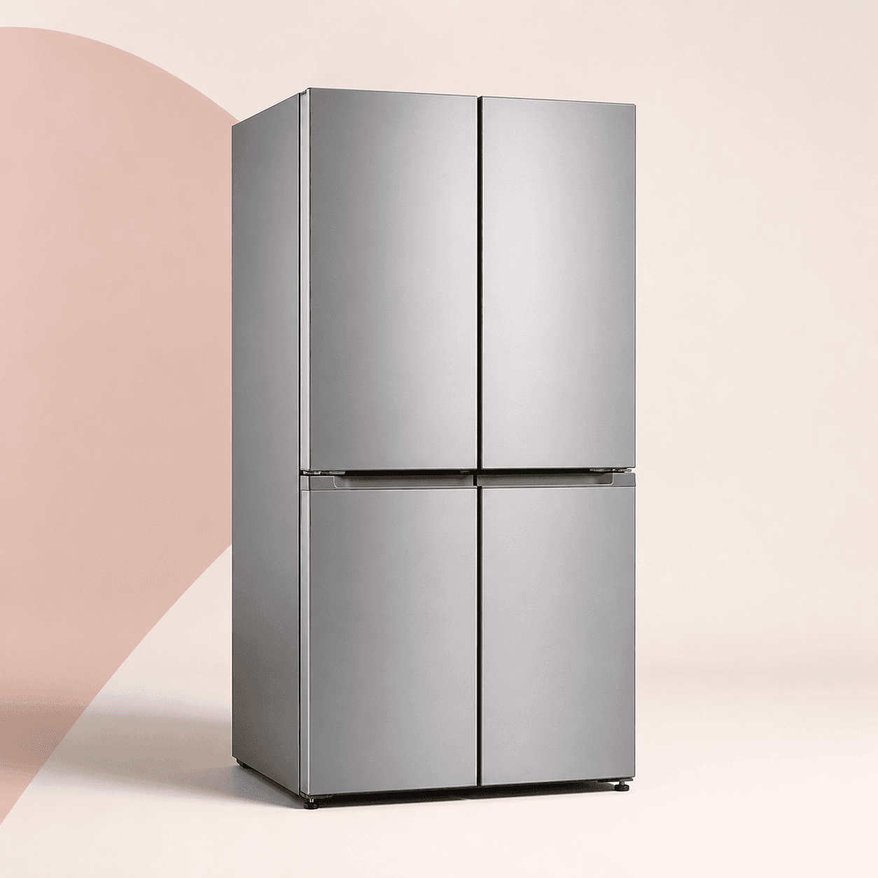 Editorial illustration of a silver four-door American-style fridge freezer