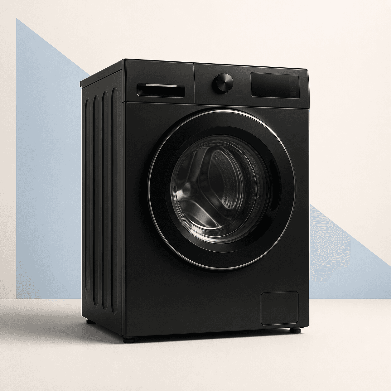 Editorial illustration of a black front-loading washing machine